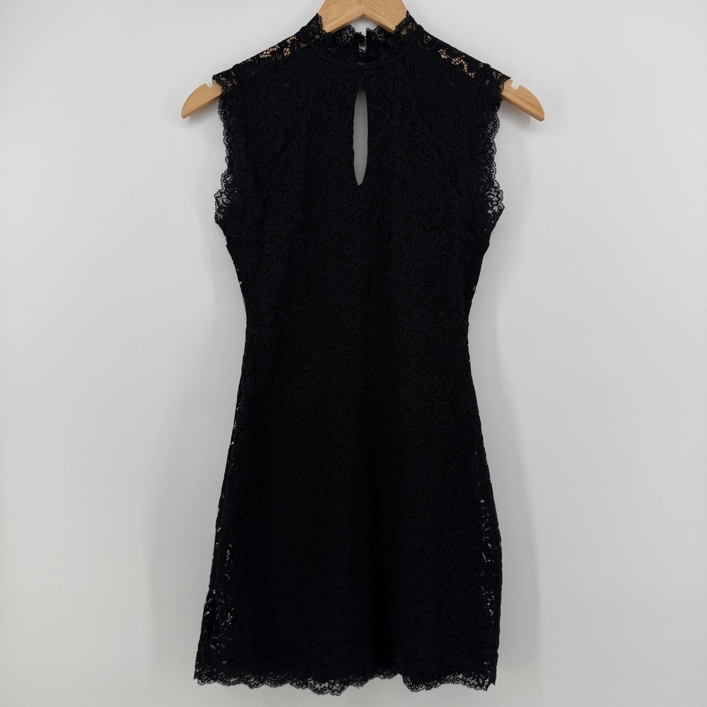 bebe Black Floral Lace Keyhole High Neck Sleeveless Dress XS Made in USA Vintage